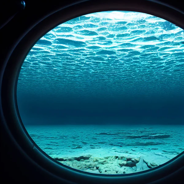3D rendering. View from the window of the submarine to the bottom of the ocean