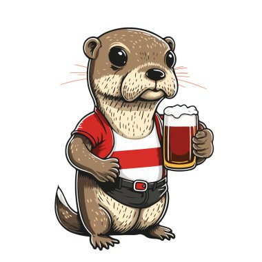 Beyaz arka planda elinde bir kupa bira olan bir su samuru. Vektör illüstrasyonu