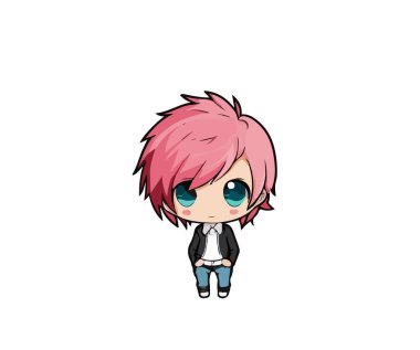 Beyaz arka planda pembe saçlı çizgi film çocuğu. Vektör illüstrasyonu