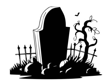 Karikatür şeklinde siyah-beyaz renkli bir mezar. Vektör illüstrasyonu