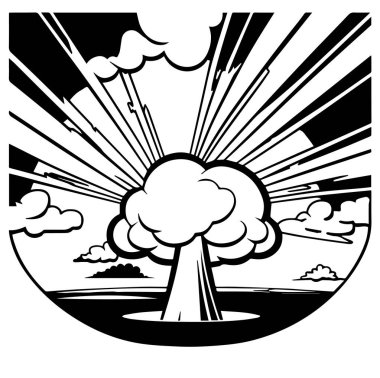 Nükleer patlama mantarı, siyah-beyaz renkli çizgi film şeklinde. Vektör illüstrasyonu