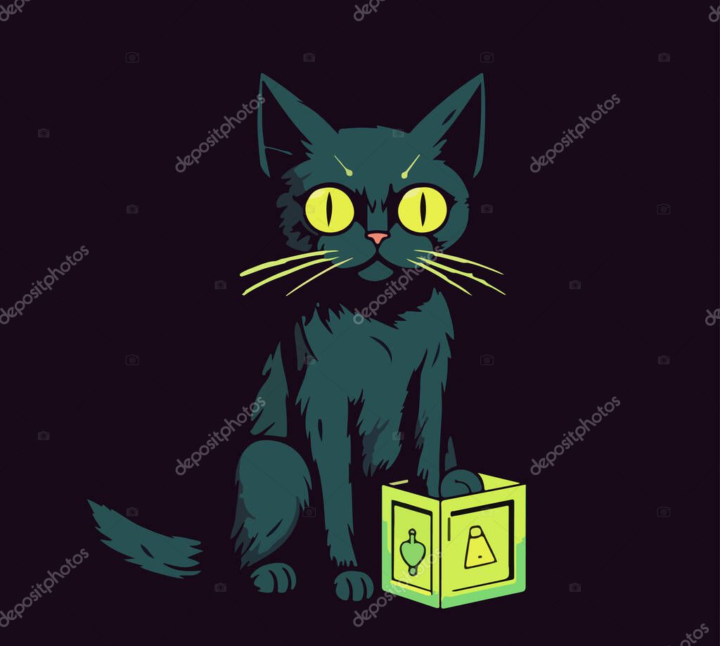 Cartoon green cat with large eyes on a dark background. Vector illustration