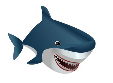 Blue cartoon shark with open mouth on a white background. Vector illustration, print for background, print on fabric, paper, wallpaper, packaging.