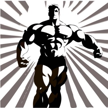 Çizgi film vücut geliştiricisinin kaslı silueti. Vektör illüstrasyonu, arkaplan için baskı, kumaş, kağıt, duvar kağıdı, ambalaj.
