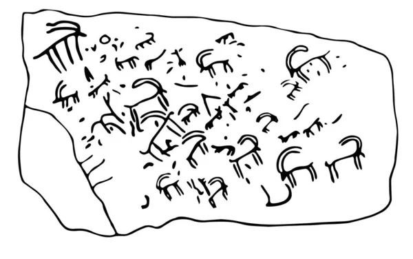 Pétroglyphes Rocheux Représentant Des Attaques Serpents Sur Bétail Les Pâturages — Image vectorielle