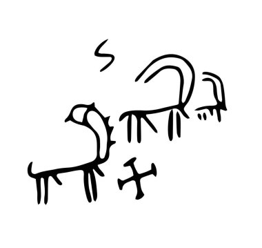 Kaya petroglifleri yırtıcıların istilasını ve evcil hayvanları savunan insanları tasvir ediyor. Ermenistan topraklarında bulunan tarih öncesi kaya petrogliflerinin vektör çizimi