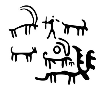 Kaya petroglifleri yırtıcıların istilasını ve evcil hayvanları savunan insanları tasvir ediyor. Ermenistan topraklarında bulunan tarih öncesi kaya petrogliflerinin vektör çizimi