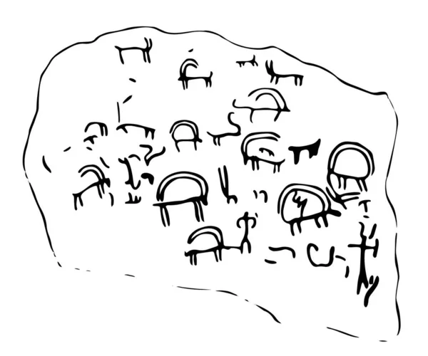 Kaya Petroglifleri Yırtıcıların Istilasını Evcil Hayvanları Savunan Insanları Tasvir Ediyor — Stok Vektör