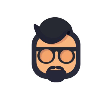 Siyah sakallı, gözlüklü bir adamın karikatür başlığını tasvir eden bir ikonun düz vektör çizimi