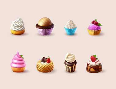 Şekerleme ürünlerinin 3 boyutlu karikatür ikonları, waffle bardaklarının üzerindeki kekler, meyve ve çikolatalı kekler. Vektör illüstrasyonu