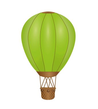 Sıcak hava balonu yeşil, kahverengi gondollu renkli balon ve balast. 3d fotorealistik vektör çizimi