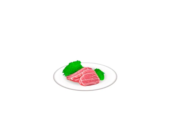 Κινούμενα Σχέδια Τεμαχισμένα Κρέας Ένα Πιάτο Λευκό Φόντο Εικονογράφηση Διανύσματος — Διανυσματικό Αρχείο