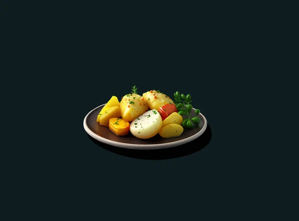 Ψητές Πατάτες Βότανα Πιάτο Σκούρο Φόντο Εικονογράφηση Διάνυσμα Του Δίσκου — Διανυσματικό Αρχείο