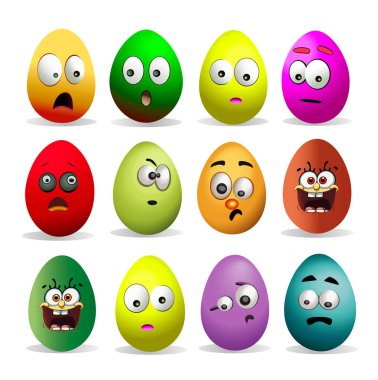 Beyaz arka planda farklı renklerde 3 boyutlu Paskalya yumurtası simgeleri. Vektör illüstrasyonu