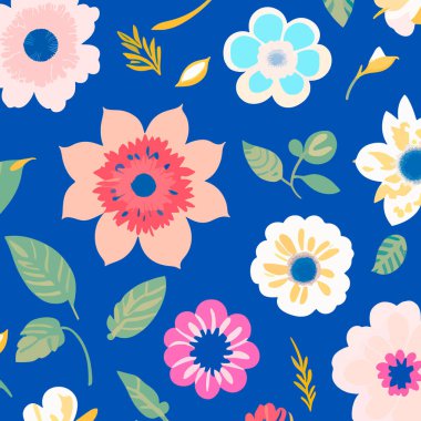 Mavi arka planda düz çiçek etiketleri var. Yazdırma için vektör illüstrasyonu