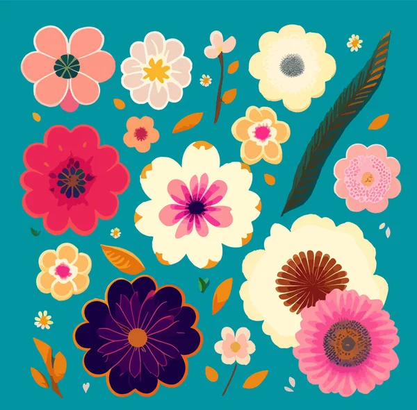 Set Flat Floral Stickers Turquoise Background Vector Illustration Print — Stock Vector