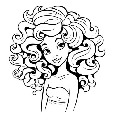Renkli kıvırcık saçlı siyah beyaz bir kız resmi. Yazdırma için vektör illüstrasyonu