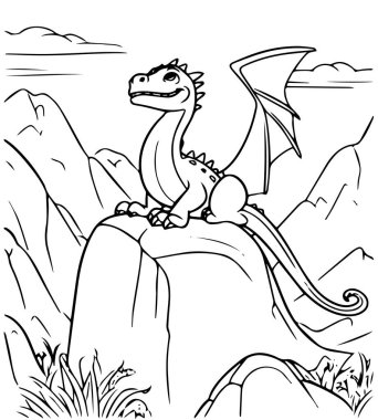 Çizgi film deniz feneri ya da dağlarda boyamak için kanatları olan bir dinozor resmi. Yazdırma için vektör illüstrasyonu