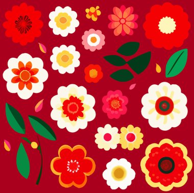 Kırmızı arka planda düz çiçek etiketleri var. Yazdırma için vektör illüstrasyonu