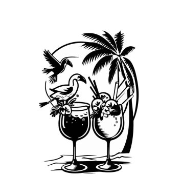 Bir palmiye ağacının arka planında kuşlarla kokteyllerin siyah beyaz çizimi. Vektör illüstrasyonu