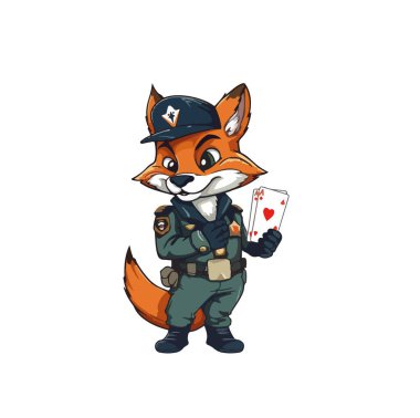 Üniformalı bir tilki çizgi film karakteri. Elinde bir gülücük ve elinde iskambil kağıtlarıyla. Vektör illüstrasyonu