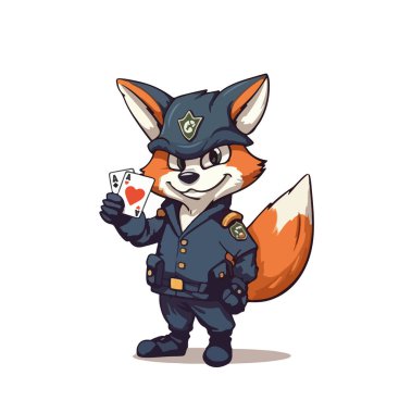 Üniformalı bir tilki çizgi film karakteri. Elinde bir gülücük ve elinde iskambil kağıtlarıyla. Vektör illüstrasyonu