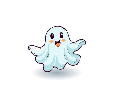 Beyaz arka planda gülümseyen bir çizgi film hayaleti. Vektör illüstrasyonu