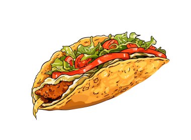 Taco, beyaz arka planda geleneksel Meksika yemeği. Etli ve sebzeli Taco vektör çizimi.