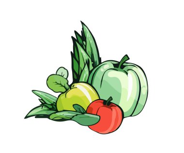 Beyaz arka planda izole edilmiş bir demet balkabağı, turp ve domatesin vektör çizimi