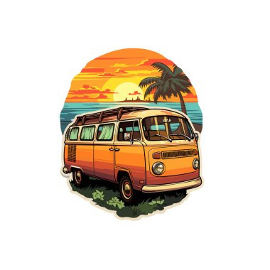 70 'lerden kalma parlak ve çok renkli renkli renkli bir minibüsü tasvir eden bir çıkartmanın vektör çizimi