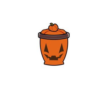 Balkabağı şeklinde kapağı olan Cadılar Bayramı temalı çizgi film bardağı. Vektör illüstrasyonu