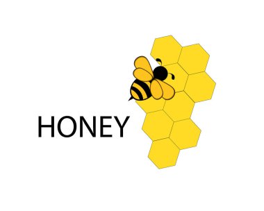 Beyaz arkaplanda bal yazılı bal üzerinde bal peteği olan bir arı temsili.