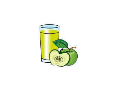 Bir bölümde yeşil bir elma ve bir bardak elma suyunun vektör çizimi