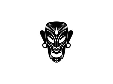 Bir Afrika maskesinin vektör çizimi, siyah ve beyaz desen veya duvar dekoru