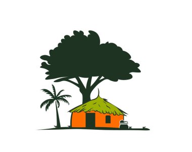 Ormandaki bir ağacın yanındaki çizgi film evinin vektör çizimi.