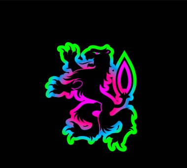 Siyah arkaplanda renkli çizgileri olan çizgi film aslanının vektör illüstrasyonu