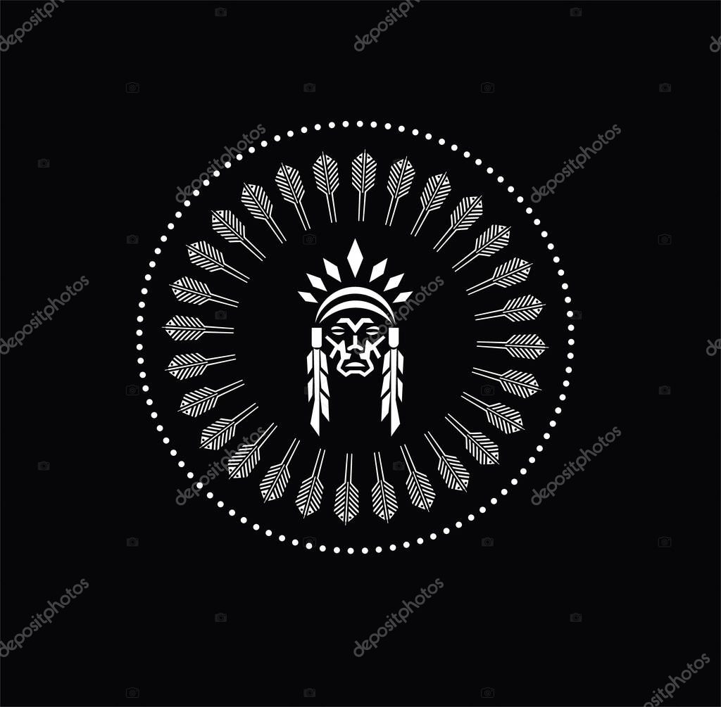 Vector illustration of a round pattern or logo with a silhouette image of a portrait of an Indian in the center