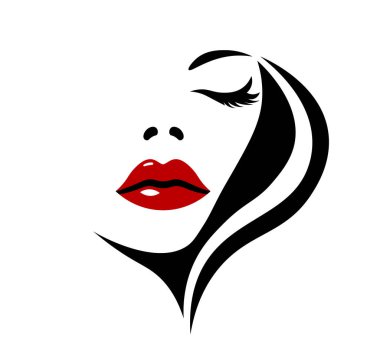 Siyah beyaz siluetin vektör çizimi bir kızın yüzü bukleli ve kırmızı dudaklı