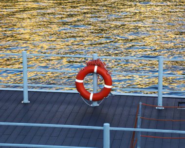 Nehrin bulanık arka planına sahip kıyıya yakın klasik bir can simidi.