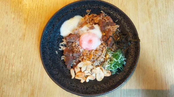Menú Restaurante Sushi Beef Garlic Fried Rice Onsen Egg Arroz —  Fotos de Stock
