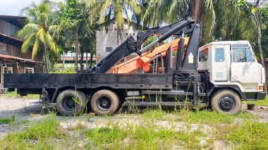 Jakarta, Endonezya - 3 Haziran 2022: 3 Haziran 2022 'de Jakarta, Endonezya' da hindistan cevizi ağacının altında terk edilmiş eski bir kamyonet.