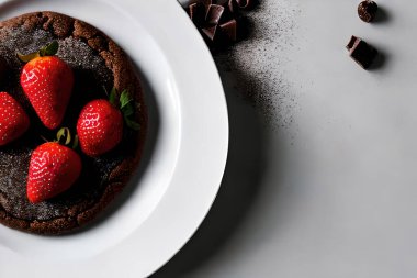 Chocolate pie and some strawberry fruit serve on a plate with negative space.