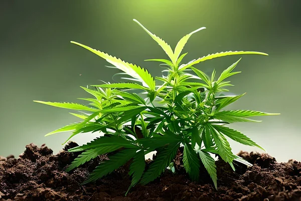 Cannabis marijuana plant indoor growing at the soil.