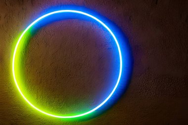 Wall green and blue circle neon light background and backdrop.