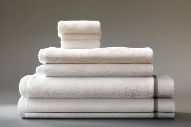 Clean various size white folded towel nice and tidy stack each other for fitness, bath, swimming, massage and spa marketing background and design material isolated on grey background.