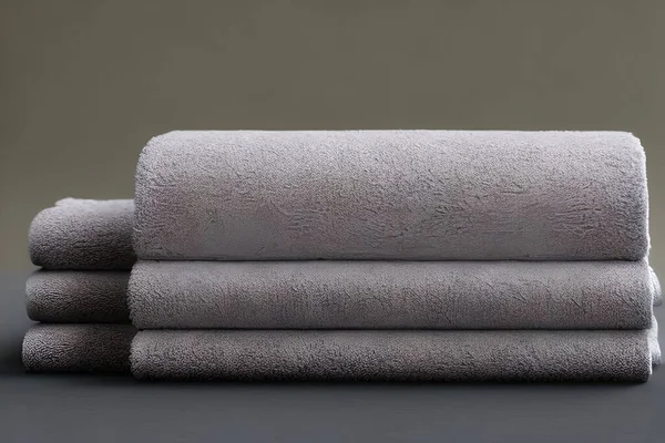 Clean soft blue and green color folded towel nice and tidy stack each other for fitness, bath, swimming, massage and spa marketing background and design material isolated on grey background.