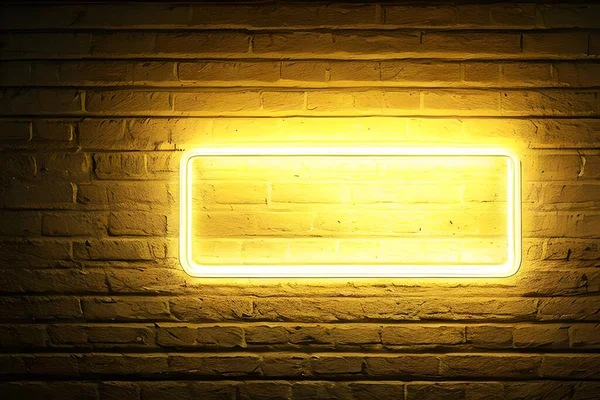 Bright yellow rectangle neon at the wall backdrop and brick background.