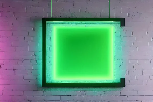 Bright green rectangle neon at the wall backdrop and brick background.