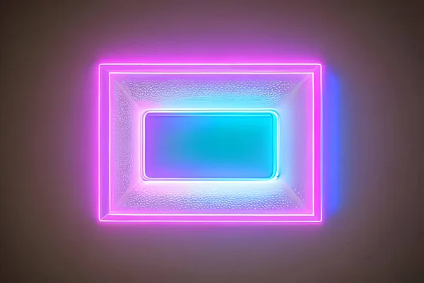 Bright violet and white rectangle neon at the wall backdrop and background.
