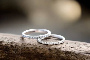 Captivating close up shot of two wedding rings, delicately intertwined to symbolize the everlasting bond of love and commitment. Jewelry gold diamond ring for anniversary, valentine, or engagement